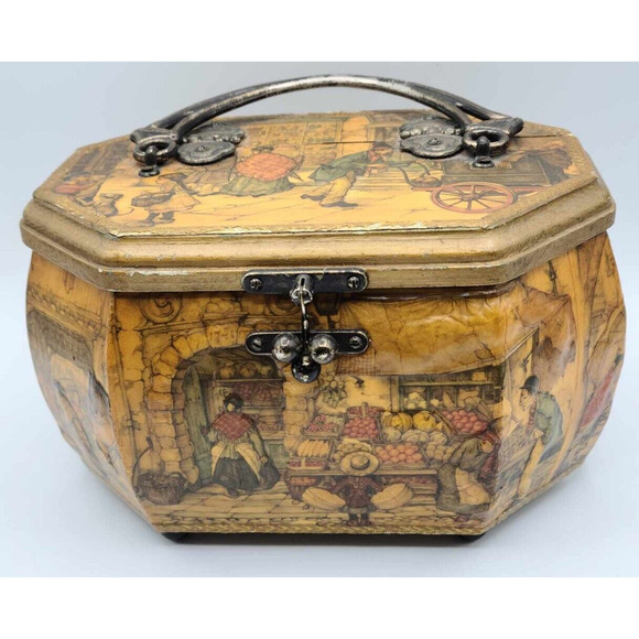 Vtg 1970s Artist Anton Pieck European Decoupage Wooden Box Red Velvet Lining - Picture 6 of 16